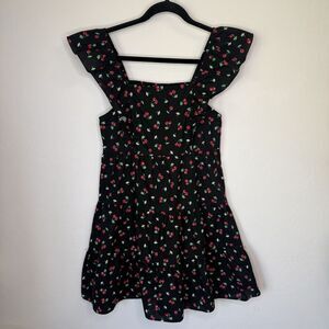 100% Cotton Cherry Black Novelty Baby Doll Ruffle Mini Dress Retro Summer